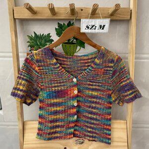 Rainbow Multicolor Crochet Knit Crop Cardigan Boho Festival Top